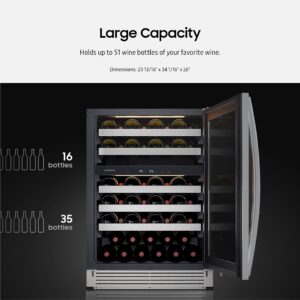 SAMSUNG 34-Inch Wine Cooler Refrigerator, 51 Bottle Capacity, Freestanding, Under Cabinet Fridge w/ Dual Temperature Zones, LED Lighting, Fingerprint Resistant, RW51TS338SR/AA, Stainless Steel