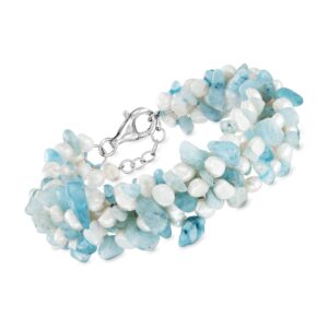 ross-simons aquamarine bead and 5-6mm cultured pearl bracelet with sterling silver. 8 inches