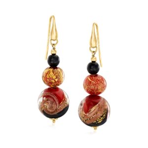 Ross-Simons Italian Red, Black and Gold Murano Glass Drop Earrings in 18kt Gold Over Sterling