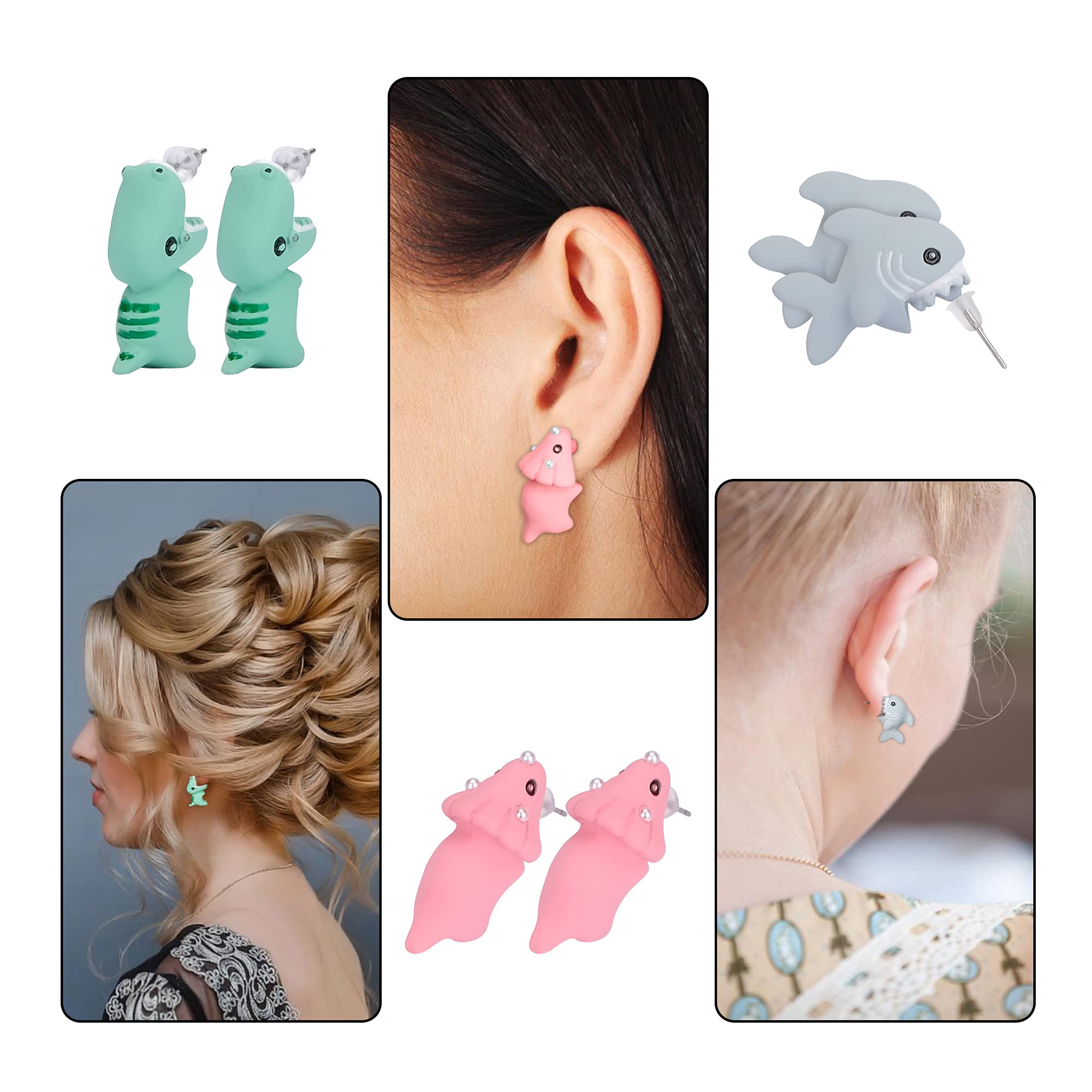 Pure Compression 3 Pair Cute Animal Bite Earrings - 3D Dinosaur Shark Biting Ear Studs - Simple Clay Ear Rings Decors for Girls (PX-ABE-3)