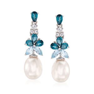 Ross-Simons 8.5-9mm Cultured Pearl and 2.30 ct. t.w. Blue and White Topaz Drop Earrings in Sterling Silver