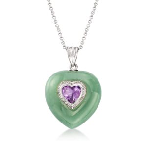 Ross-Simons Jade and 1.50 Carat Amethyst Heart Pendant Necklace in Sterling Silver. 18 inches