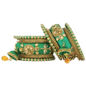 Aheli Royal Designer Faux Stone Studded Silk Thread Bangle Set Matching Chudha with Jhumki Tassel Hanging Indian Bollywood Fashion Jewelry for Women Girls (Green 2.8 Inch)