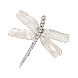 Ross-Simons 6x20mm Cultured Pearl and .20 ct. t.w. CZ Dragonfly Pin/Pendant in Sterling Silver