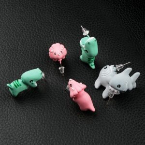 Pure Compression 3 Pair Cute Animal Bite Earrings - 3D Dinosaur Shark Biting Ear Studs - Simple Clay Ear Rings Decors for Girls (PX-ABE-3)