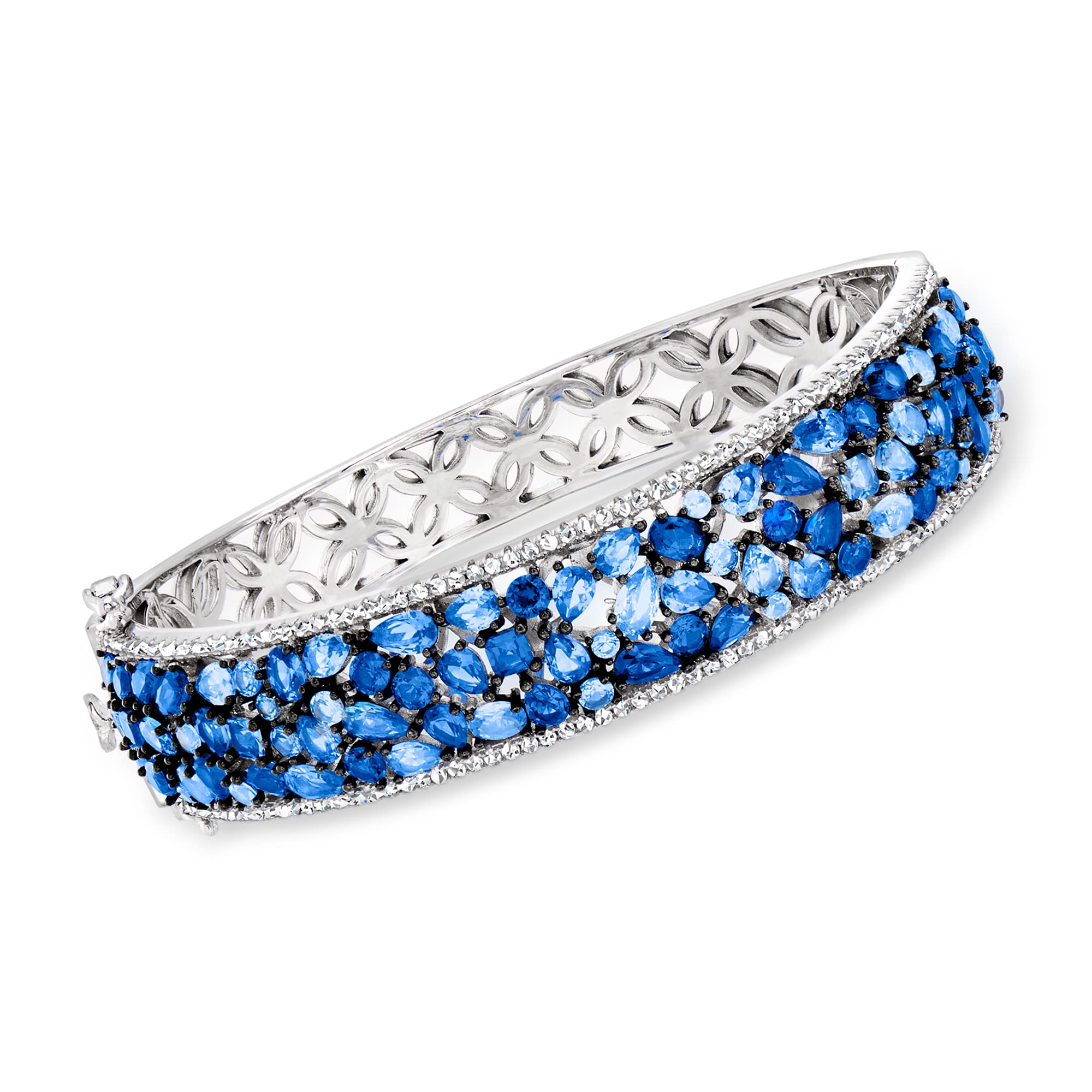 Ross-Simons 10.80 ct. t.w. Simulated Sapphire and 1.00 ct. t.w. CZ Bangle Bracelet in Sterling Silver. 7.5 inches