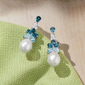 Ross-Simons 8.5-9mm Cultured Pearl and 2.30 ct. t.w. Blue and White Topaz Drop Earrings in Sterling Silver