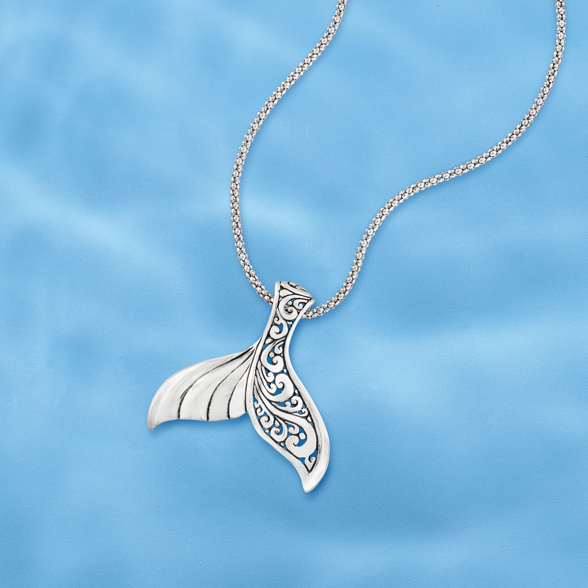 Ross-Simons Sterling Silver Bali-Style Whale Tail Pendant Necklace. 18 inches