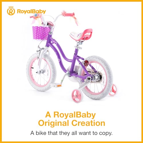 RoyalBaby Stargirl 14 Inch Kids Outdoor Bicycle with Accessory Basket, Bell, Thick Wheels, and Safety Training Wheels for Ages 3-5, Purple