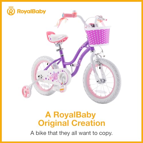 RoyalBaby Stargirl 14 Inch Kids Outdoor Bicycle with Accessory Basket, Bell, Thick Wheels, and Safety Training Wheels for Ages 3-5, Purple