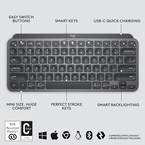 Logitech MX Keys Mini Minimalist Wireless Illuminated Keyboard, Compact, Bluetooth, USB-C, for Apple macOS, iOS, Windows, Linux, Android - Graphite - With Free Adobe Creative Cloud Subscription