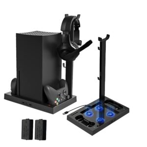 joso vertical stand with cooling fan for xbox series x, with dual controller charging station, 4 pcs cooling fan, headset stand, 1400mah rechargeable battery pack (only for xbox series x)