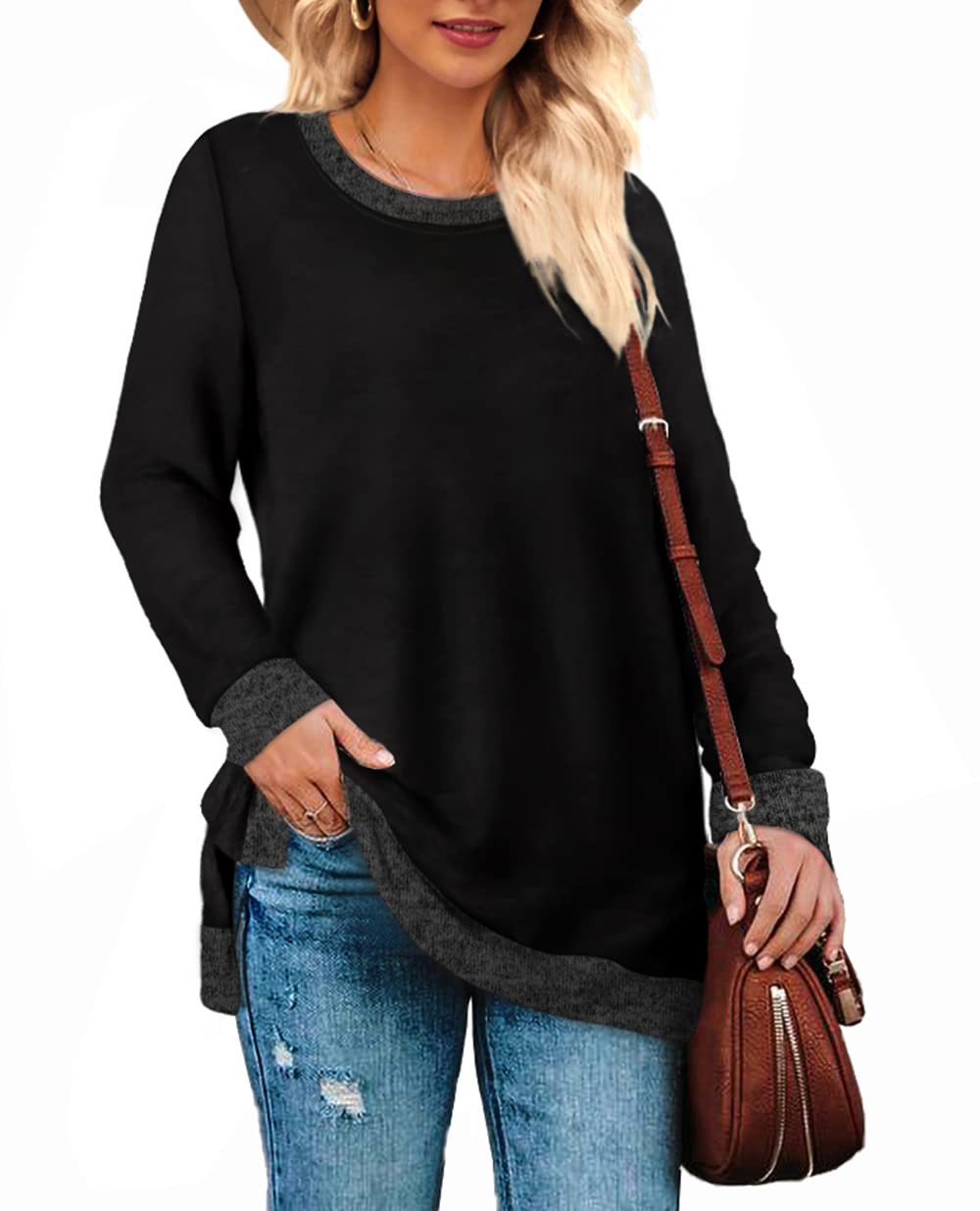 WEESO Long Sweatshirts for Women Pullover Sweaters Tops Round Neck Black Large