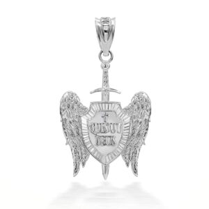 certified 925 sterling silver saint michael archangel wings cross sword shield "quis ut deus" pendant