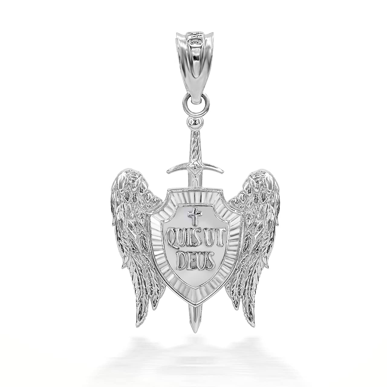 Certified 925 Sterling Silver Saint Michael Archangel Wings Cross Sword Shield "QUIS UT DEUS" Pendant