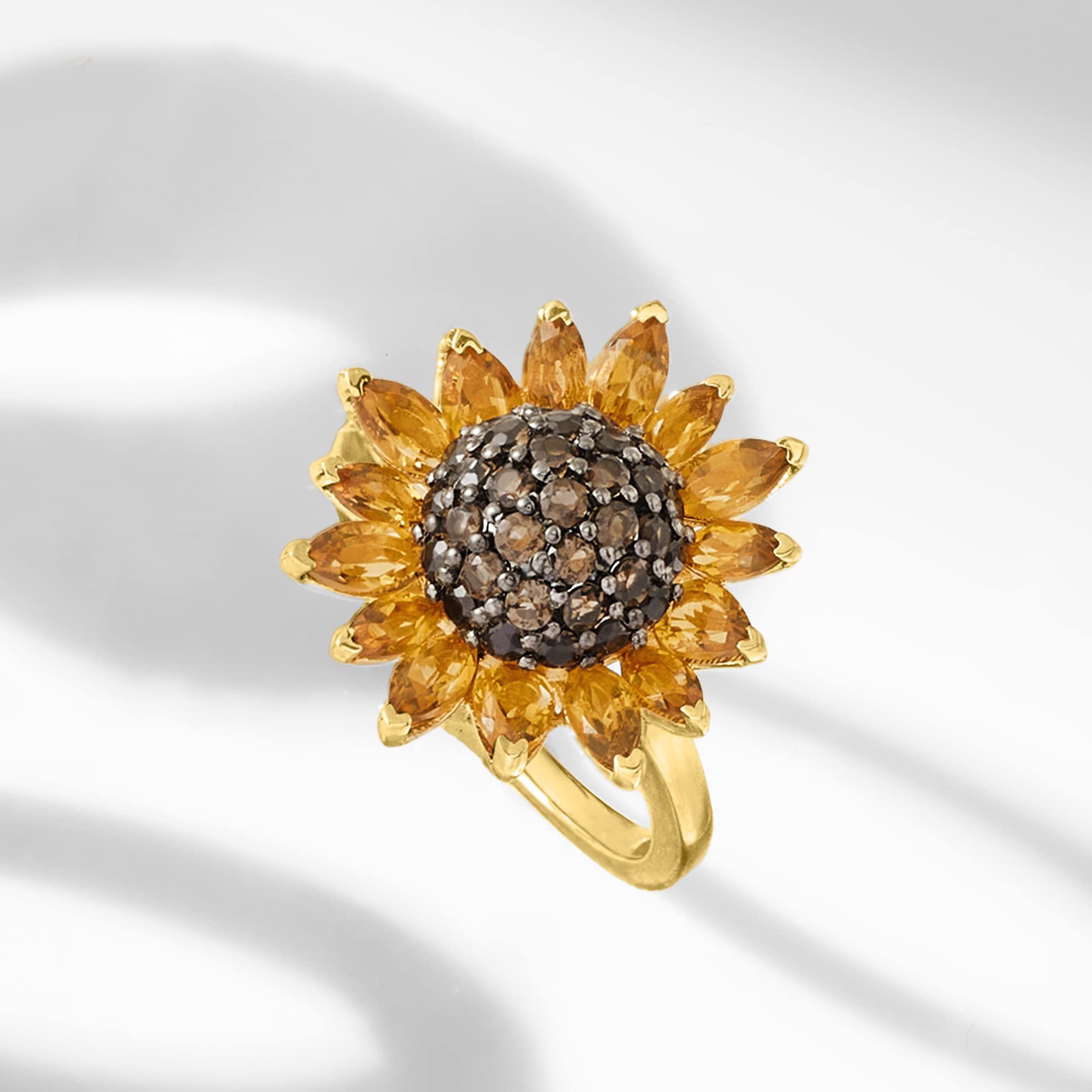 Ross-Simons 1.70 ct. t.w. Citrine and .80 ct. t.w. Smoky Quartz Sunflower Ring in 18kt Gold Over Sterling. Size 7