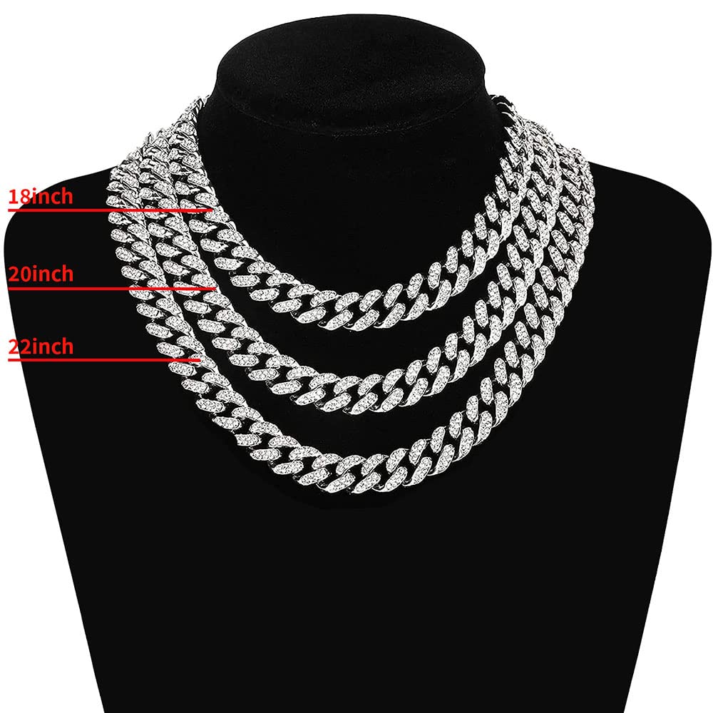 MOFEIJEWEL Miami Cuban Link Chain Necklace Bling CZ Diamonds Chain Iced Out Hip Hop Jewelry Gifts for Men Women Gold Silver (18 inch, Silver)