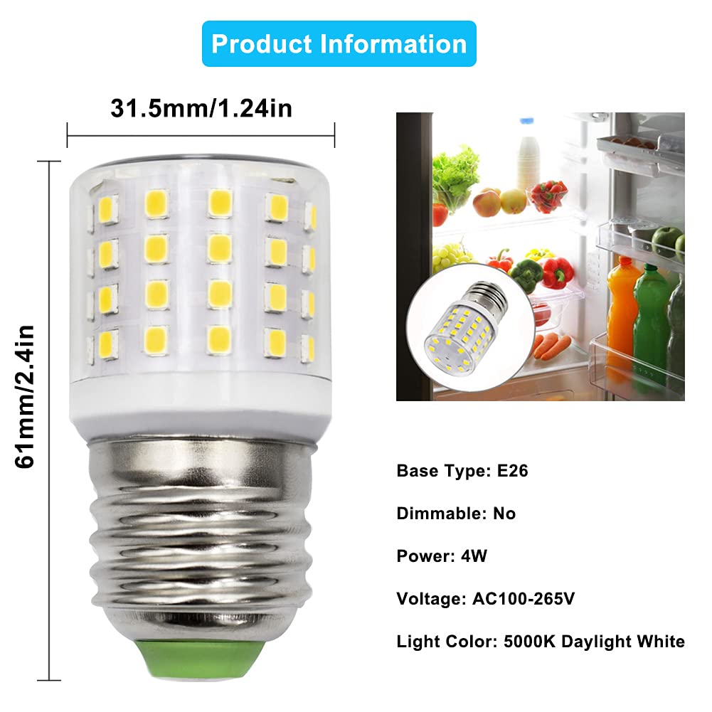 LED Refrigerator Light Bulb 4W 40W Equivalent E26 Medium Base Compact Corn Lamp T10 Tubular A15 Fridge Freezer Waterproof Appliance Ceiling Fans Home Lighting 100-265V Daylight White 5000K, Pack of 1