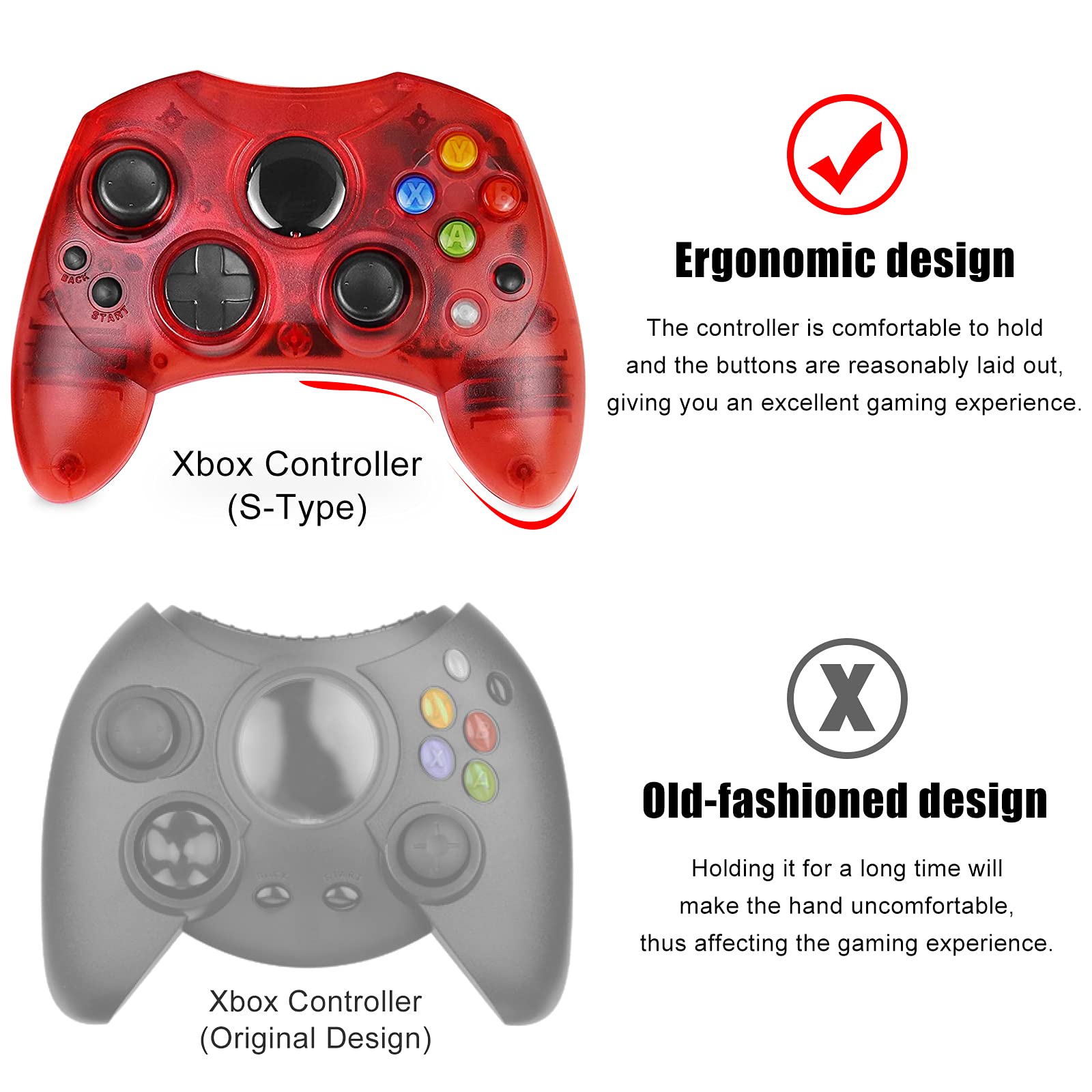 Yioone Controller Replacement for Xbox Controller S-Type/Original Xbox Controller,Classic Controller Compatible with Original Xbox Console(Pack of 2,Black and Ruby Red)