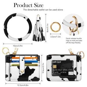 Circle Bangle Leather Keychain Wallet ID Card Holder Keyring Wristlet Bracelet Key Ring Chain Tassel Purse Women Girls (Cow)