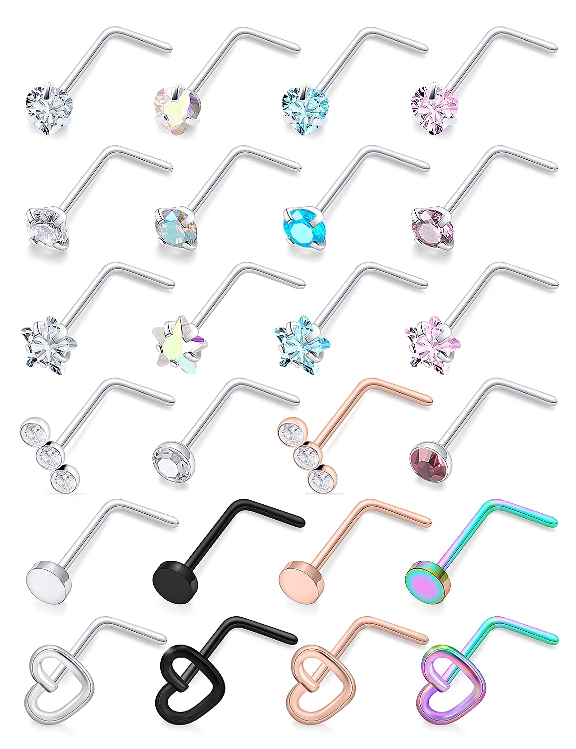 Hoeudjo 20G Nose Rings Surgical Steel Nose Ring Studs Heart CZ Inlaid Piercing Jewelry for Women Men Girls