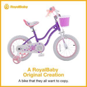 RoyalBaby Stargirl 14 Inch Kids Outdoor Bicycle with Accessory Basket, Bell, Thick Wheels, and Safety Training Wheels for Ages 3-5, Purple