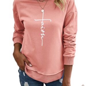 Mansy Womens Cross Letter Printed Crewneck Sweatshirts Casual Funny Graphic Side Split Pullover Shirts Tops (Pink, XX-Large)