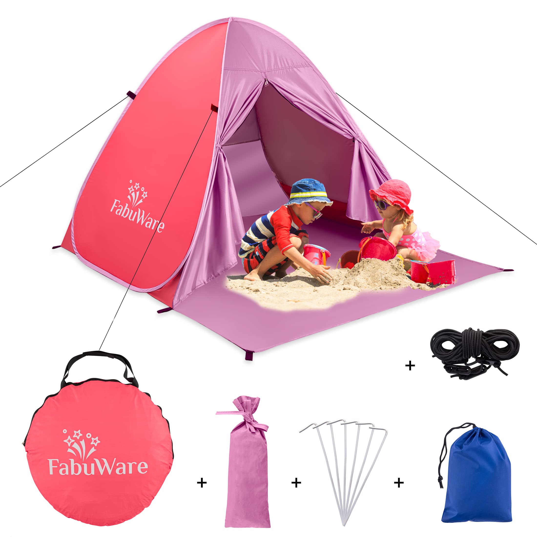 Fabuware Pop Up Beach Tent – UPF 50+ UV Sun Protection Beach Shade Beach Tent Pop Up for Kids & Adults - Sun Shelter with Carry Bag and Tent Stakes for Beach, Park, Camping (Coral Pink)