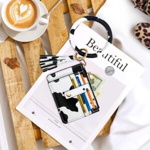 Circle Bangle Leather Keychain Wallet ID Card Holder Keyring Wristlet Bracelet Key Ring Chain Tassel Purse Women Girls (Cow)