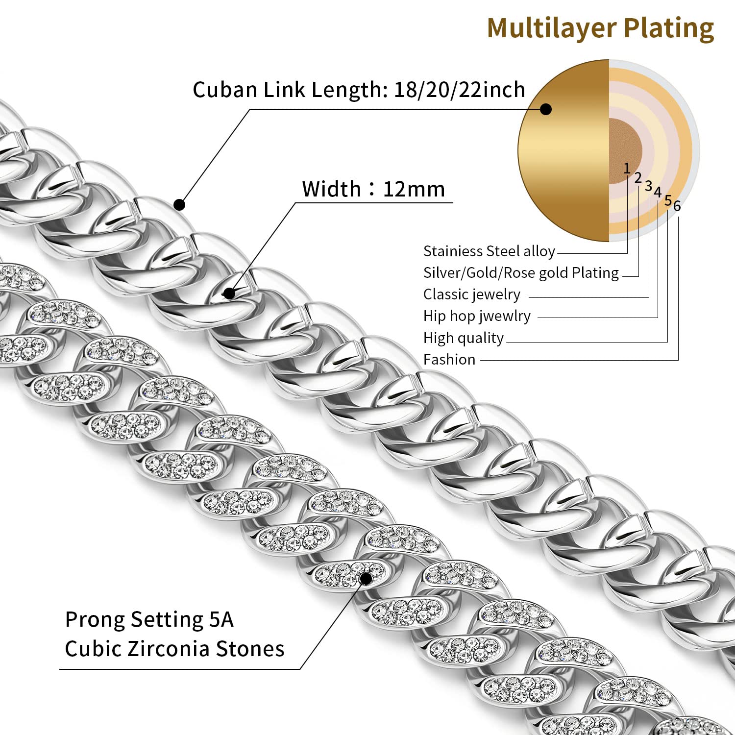 MOFEIJEWEL Miami Cuban Link Chain Necklace Bling CZ Diamonds Chain Iced Out Hip Hop Jewelry Gifts for Men Women Gold Silver (18 inch, Silver)