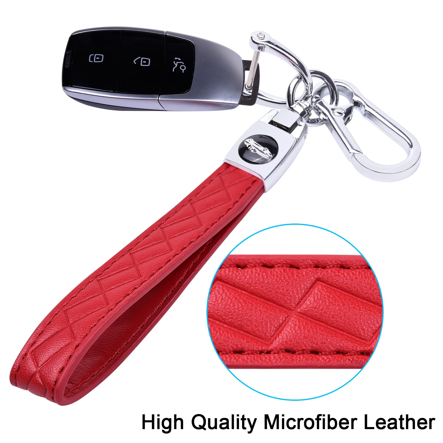 Wisdompro Microfiber Leather Car Keychain, Universal Key Fob Keychain Leather Key Chain Holder with 3 Keyrings and 1 Screwdriver for Men and Women - Red