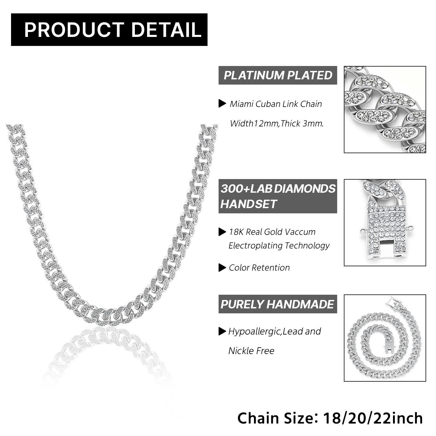 MOFEIJEWEL Miami Cuban Link Chain Necklace Bling CZ Diamonds Chain Iced Out Hip Hop Jewelry Gifts for Men Women Gold Silver (18 inch, Silver)