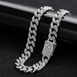 MOFEIJEWEL Miami Cuban Link Chain Necklace Bling CZ Diamonds Chain Iced Out Hip Hop Jewelry Gifts for Men Women Gold Silver (18 inch, Silver)