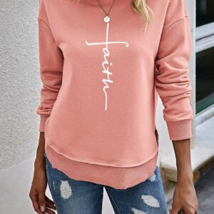 Mansy Womens Cross Letter Printed Crewneck Sweatshirts Casual Funny Graphic Side Split Pullover Shirts Tops (Pink, XX-Large)