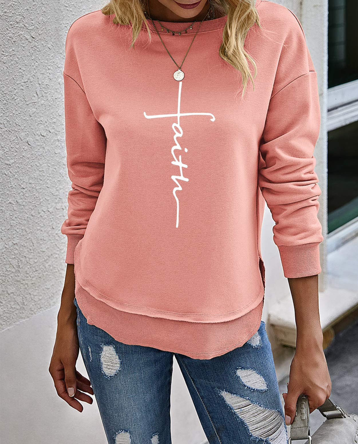 Mansy Womens Cross Letter Printed Crewneck Sweatshirts Casual Funny Graphic Side Split Pullover Shirts Tops (Pink, XX-Large)