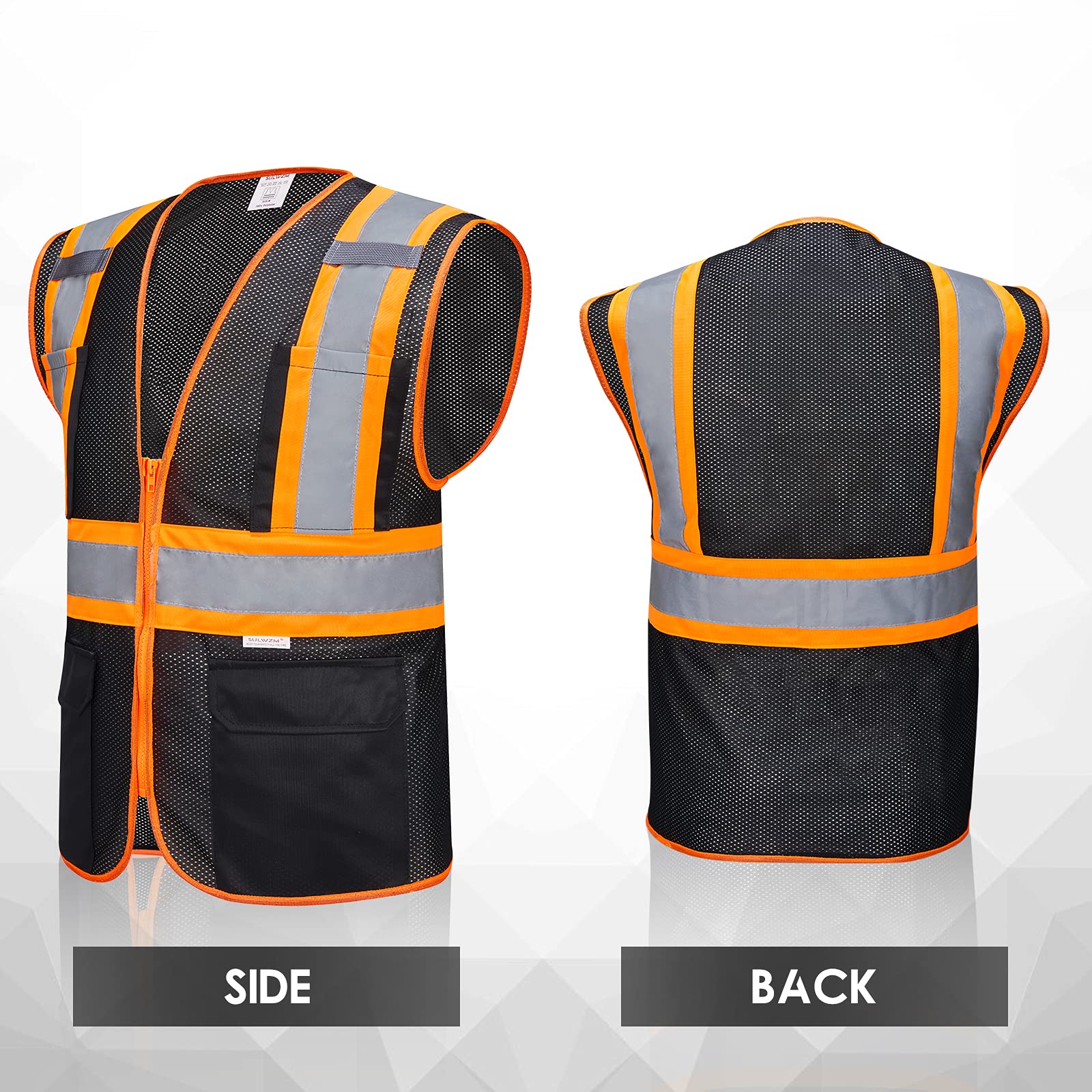 SULWZM High Visibility Reflective Safety Vest with Zipper and Pockets Black,XXL