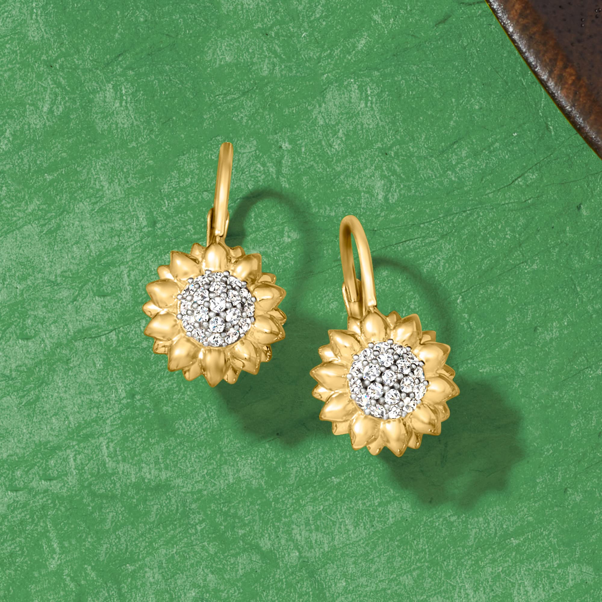 Ross-Simons 0.40 ct. t.w. White Topaz Sunflower Drop Earrings in 18kt Gold Over Sterling