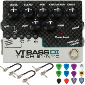 tech 21 sansamp character series vt bass di bundle with 3 mxr patch cables and dunlop pick pack