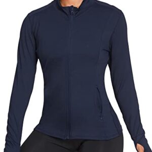 PINSPARK Workout Long Sleeve Sports Jacket For Women Full Zip Workout Running Track Jacket Breathable Navy Blue L