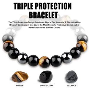 HOZEAL Triple Protection Bracelet, Black Obsidian Tiger Eye Stone Hematite Wealth Bracelets for Men Women for Bring Luck and Prosperity, Beaded Buddha Crystals Rope Stretch Bracelet (10mm-7inch)