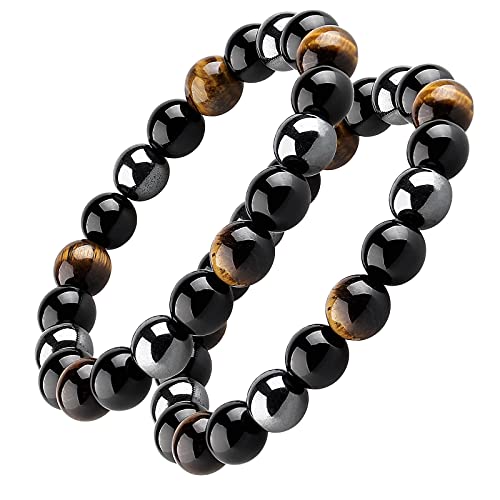 HOZEAL Triple Protection Bracelet, Black Obsidian Tiger Eye Stone Hematite Wealth Bracelets for Men Women for Bring Luck and Prosperity, Beaded Buddha Crystals Rope Stretch Bracelet (10mm-7inch)