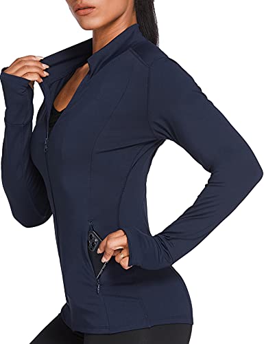 PINSPARK Workout Long Sleeve Sports Jacket For Women Full Zip Workout Running Track Jacket Breathable Navy Blue L