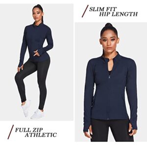 PINSPARK Workout Long Sleeve Sports Jacket For Women Full Zip Workout Running Track Jacket Breathable Navy Blue L