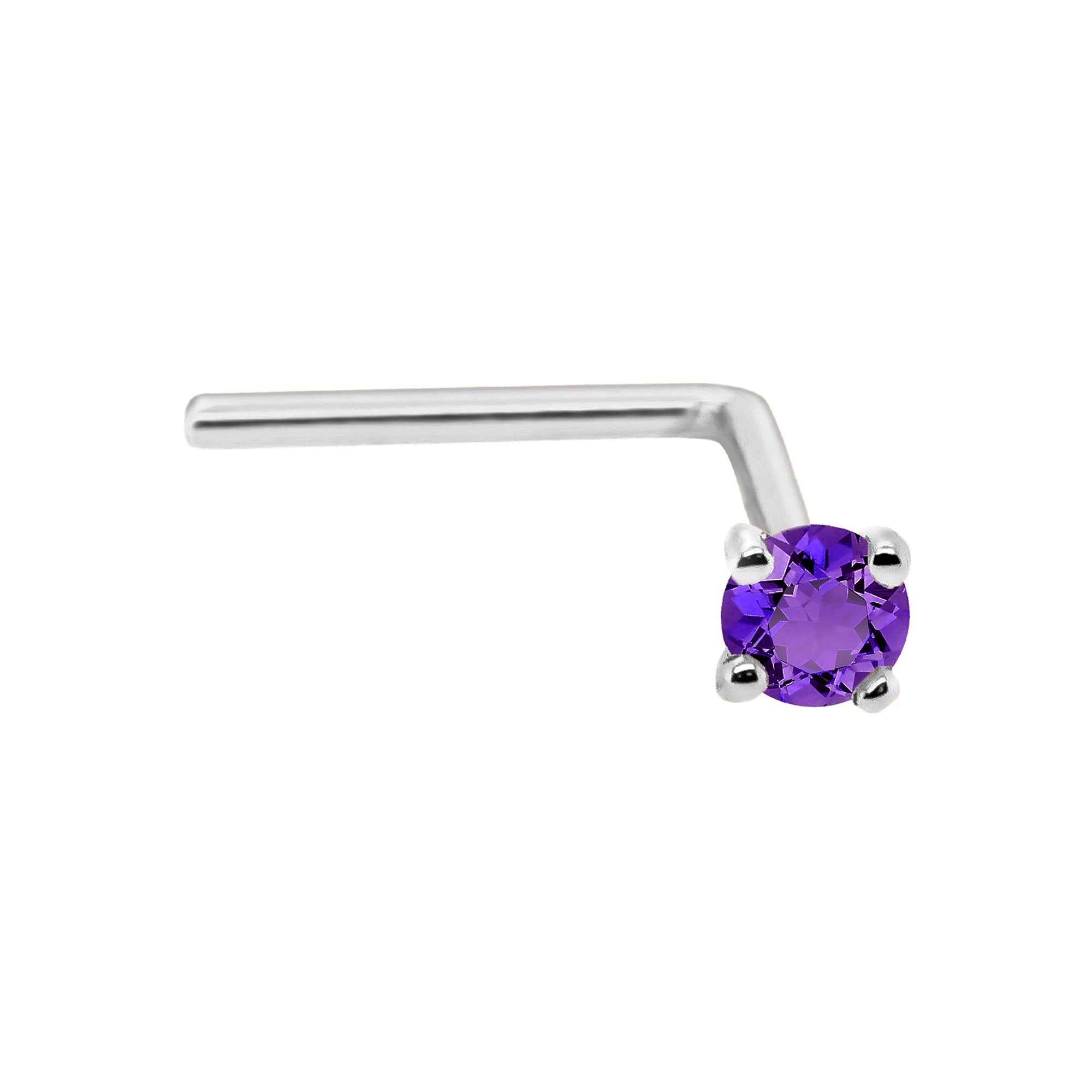 22G Solid 14Kt Gold L-Shape Nose Stud with real Amethyst Gemstone, 14kt Yellow Gold or 14kt White Gold Prong Setting - February Birthstone Nose Ring-LSWG_AMT-2MM