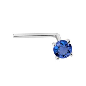 22G Solid 14Kt Gold L-Shape Nose Stud with real Blue Sapphire Gemstone, 14kt Yellow Gold or 14kt White Gold Prong Setting - September Birthstone Nose Ring-LSWG_SP-2.5MM