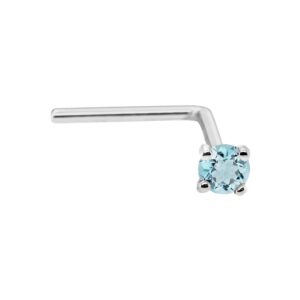 22g solid 14kt gold l-shape nose stud with real aquamarine gemstone, 14kt yellow gold or 14kt white gold prong setting - march birthstone nose ring-lswg_aqm-2mm