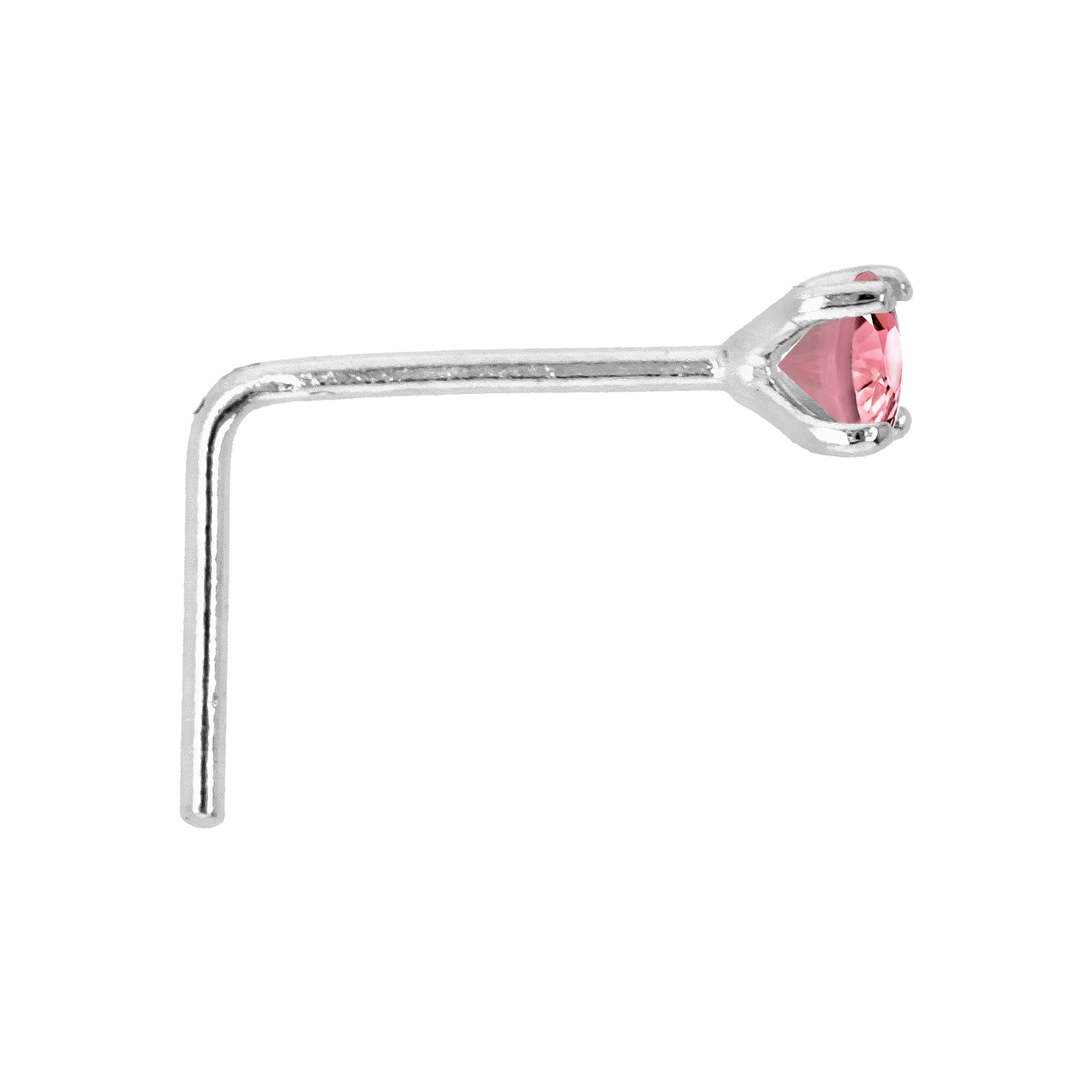 22G Solid 14Kt Gold L-Shape Nose Stud with real Pink Tourmaline Gemstone, 14kt Yellow Gold or 14kt White Gold Prong Setting - October Birthstone Nose Ring-LSWG_PTM-2.5MM