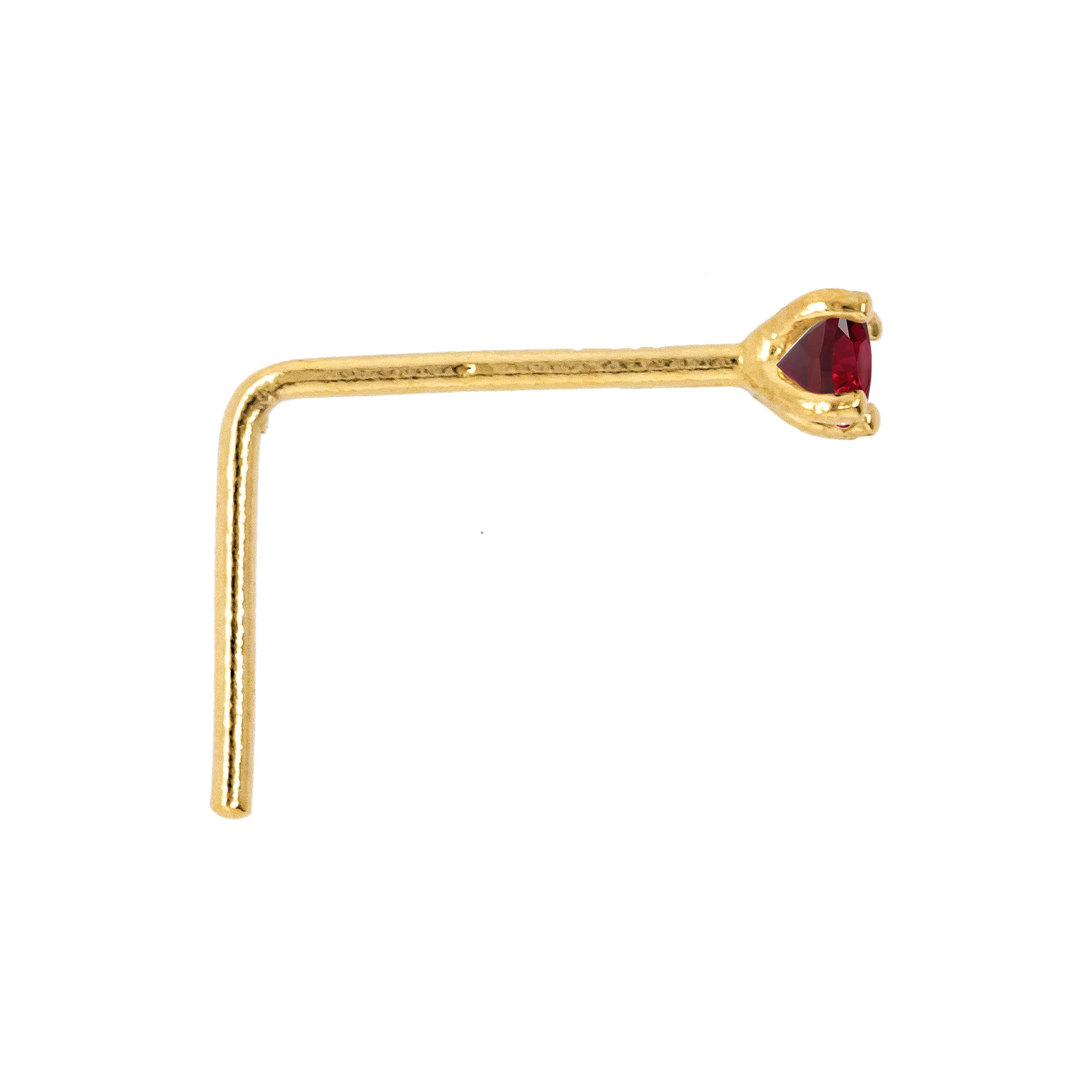 22G Solid 14Kt Gold L-Shape Nose Stud with real Ruby Gemstone, 14kt Yellow Gold or 14kt White Gold Prong Setting - July Birthstone Nose Ring-LSYG_RB-2MM