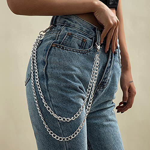 yaozeio Pant Chain for Men Women Hip Hop Chains, Pocket Chain Belt Goth Accessories for Women Men Jean Wallet Chain Punk Chains Backpack Decorations Ornament (Silver 2 Layer)