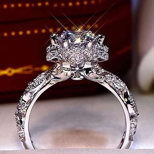 925 Sterling Silver Shiny Full Diamond Ring Cubic Zirconia Flower Ring CZ Diamond Ring Personality Ring for Women Luxury and Delicate Female Style Wedding Engagement Princess Ring Jewelry (US Code 6)